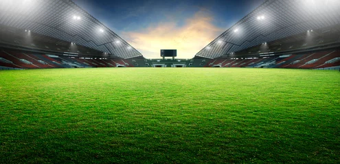 Foto op Plexiglas Sunset scene illumination soccer stadium and green grass field. 3D rendering © Image Craft