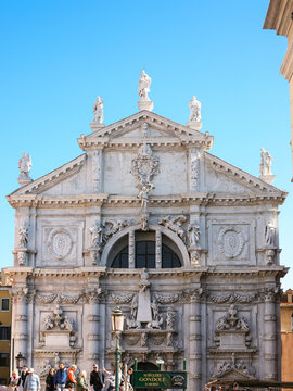 VENICE, ITALY - OCTOBER 12, 2016: water bus stop near Chiesa di San Moise in Venice. The church was built initially in the 8th century.