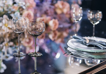 Empty glasses set in a modern restaurant