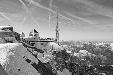 Breathtaking scenic landscape Alpine mountain range view from observation platform on top of...
