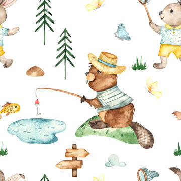 Camping watercolor seamless pattern with beaver fisherman, rabbit with butterfly net, butterflies, pond, fir trees on white background