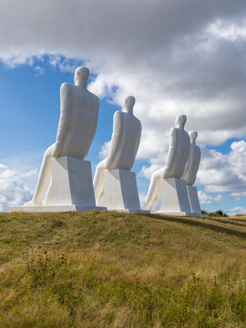 Esbjerg, Denmark - August 27, 2020: The colossal scultpure &bdquo;Men at Sea&ldquo; by Svend Wiig Hansen on the shore near the city&rsquo;s harbor. Danish name  of the artwork is &bdquo;Mennesket ved havet&ldquo;