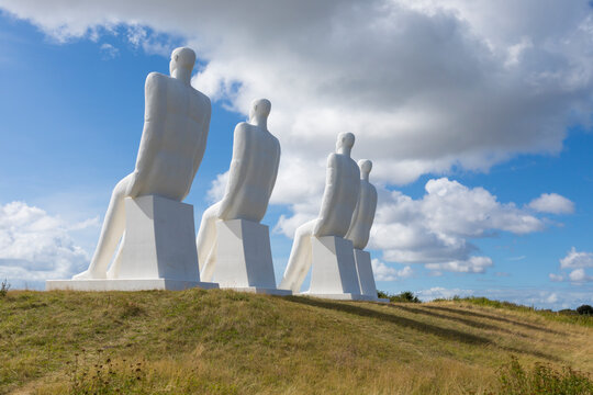 Esbjerg, Denmark - August 27, 2020: The colossal scultpure &bdquo;Men at Sea&ldquo; by Svend Wiig Hansen on the shore near the city&rsquo;s harbor. Danish name  of the artwork is &bdquo;Mennesket ved havet&ldquo;