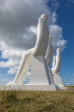 Esbjerg, Denmark - August 27, 2020: The colossal scultpure &bdquo;Men at Sea&ldquo; by Svend Wiig Hansen on the shore near the city&rsquo;s harbor. Danish name  of the artwork is &bdquo;Mennesket ved havet&ldquo;