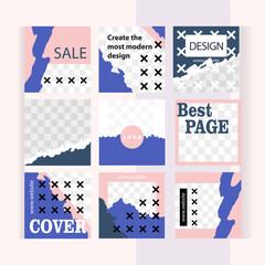 Modern design in pink and blue. Small black and white crosses. Set of square templates for design of social networks, story and print with windows for images. 