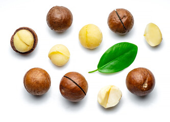 Macadamia nuts with peeled macadamia and leaves isolated on a white background.