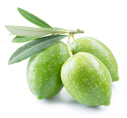 Green natural olives with leaves isolated on a white background.