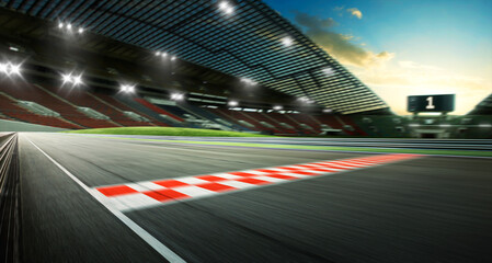 Evening scene asphalt international race track with starting or end line, digital imaging...