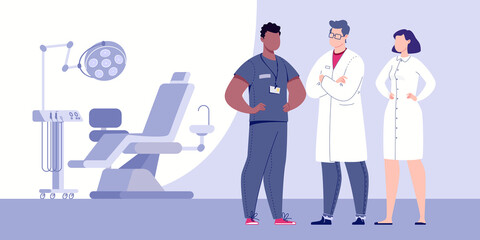 Dentistry healthcare concept. Professional care. Team of dentists background dental office. Vector flat cartoon illustration.