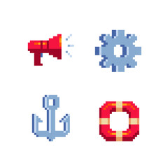 Bullhorn, anchor, lifebuoy, gear pixel art 80s style icons set. Design for mobile app, stickers, web, logo. Isolated vector illustration. Game assets 8-bit. 
