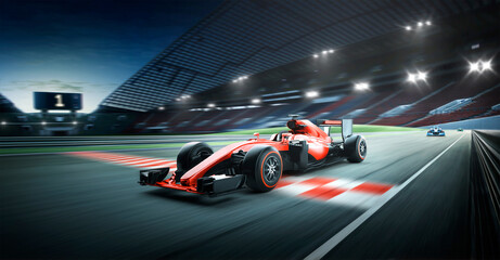Race driver pass the finishing point and motion blur background. 3D rendering - obrazy, fototapety, plakaty
