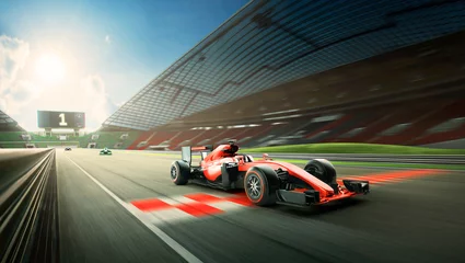 Fototapeten Race driver pass the finishing point and motion blur background during sunrise. 3D rendering © Image Craft