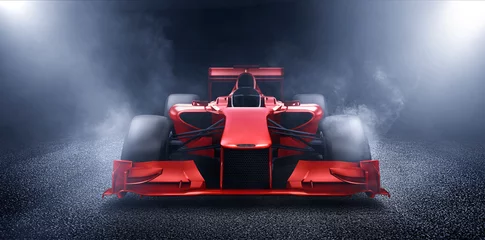 Acrylic prints F1 Race car with fiery smoke on wheel. 3D rendering