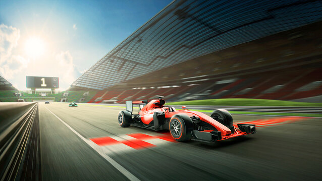Fototapeta Race driver pass the finishing point and motion blur background during sunrise. 3D rendering