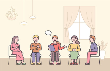 People who attend group meetings and chat. flat design style minimal vector illustration.