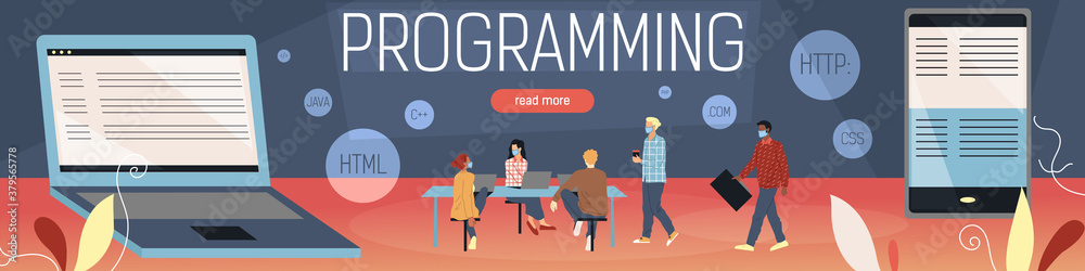 Poster computer programming concept. group of young professionals meet to talk, analyse and generate algori