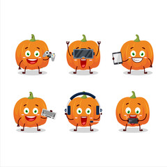 Orange pumpkin cartoon character are playing games with various cute emoticons