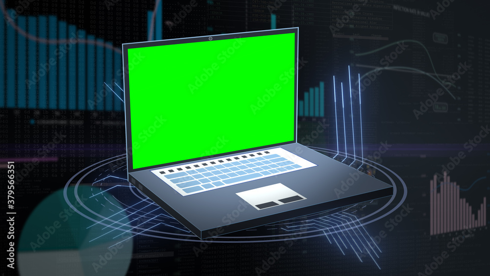 Poster green screen placeholder on laptop / notebook symbol against technical background with graphs, chart