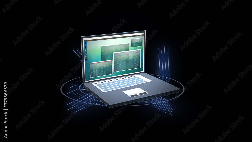Wall mural laptop with different windows on screen against a black background. notebook icon connected to the i