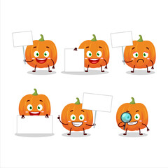 Orange pumpkin cartoon character bring information board