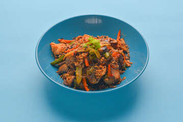 Salad with chicken and baked vegetables. Delicious and healthy meal concept. Meat salad and sauce.