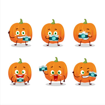 Photographer profession emoticon with orange pumpkin cartoon character