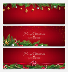red  Christmas banner with golden ornament and branch's fir in 3 row templates