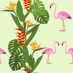 Beautiful seamless vector illustration with tropical plants and flamingos