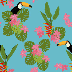 Seamless beautiful pattern with tropical flowers and tukan bird. © Nadezhda