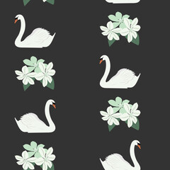 Seamless pattern with white swans and clematis