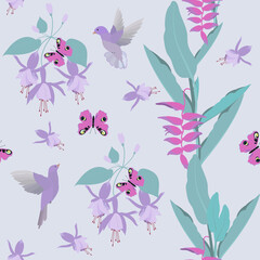 Ein nahtloses Muster mit tropischen Blumen aus Fuchsia, Heliconia, Schmetterlingen und Vögeln in Pastellfarben.