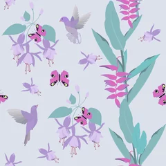 Fototapete Aquarell Natur Set Ein nahtloses Muster mit tropischen Blumen aus Fuchsia, Heliconia, Schmetterlingen und Vögeln in Pastellfarben.