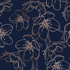 Printed kitchen splashbacks Blue gold Cherry, sakura flowers bloom blossom seamless pattern texture.
