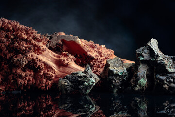 Stones and wood on a black background.