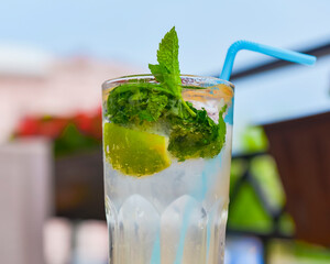 Cold summer fruit and berries lemonade. Mojito lemonade in a glass with a plastic straw outside.