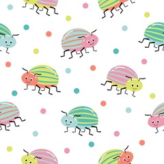 Seamless pattern with colorful bugs. Bright vector drawing of small beetles. Insect on the background with gray leaves.