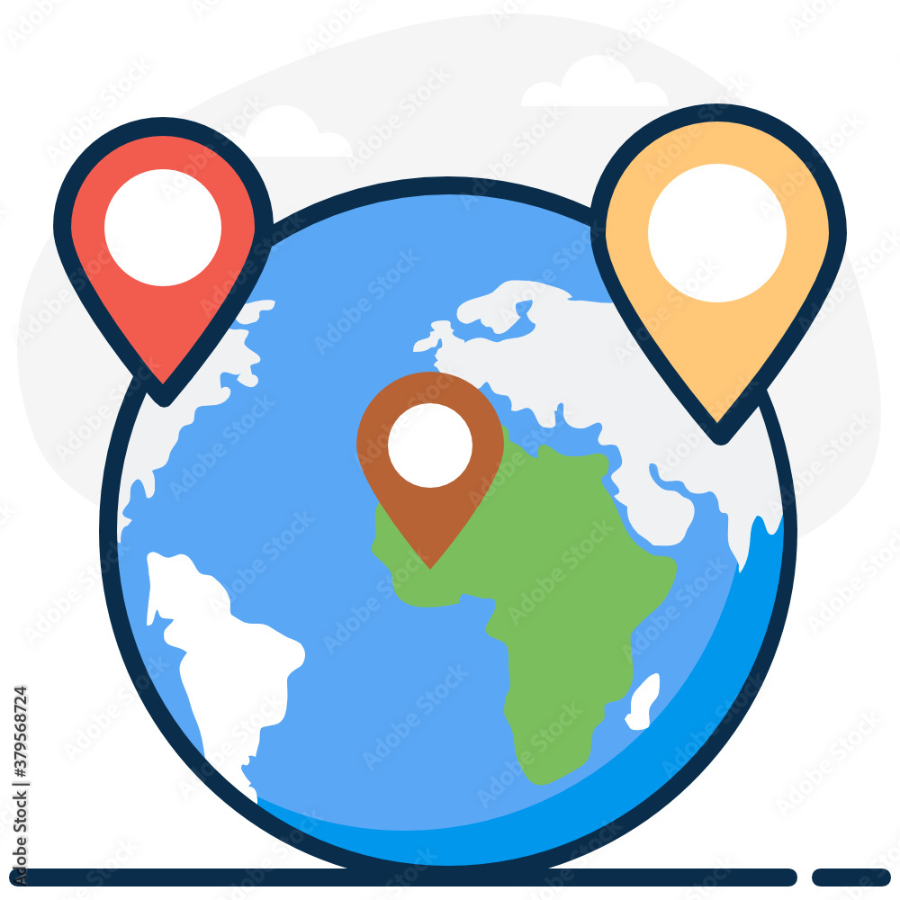Wall mural pin pointers with globe denoting global location icon
