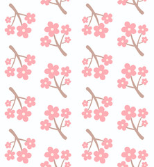 Japanese Cute Cherry Blosson Branch Vector Seamless Pattern