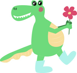 cheerful smiling green crocodile dragon dinosaur with a flower in blue boots. vector illustration on a white background