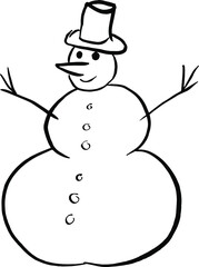 Drawing of a snowman in a hat. A man made of snow balls.