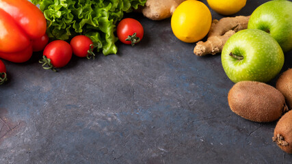 Detox background with fruit and vegetables. Diet concept. Copy space