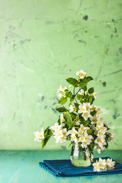 Beautiful jasmine bouquet on light green wooden surface table. Holiday greeting card with copy spice for you text