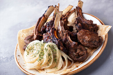 Grilled lamb meat. Closeup