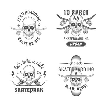 Set of skateboarding emblems with skull and skateboard. Print graphic and web design. Monochrome vector illustration.