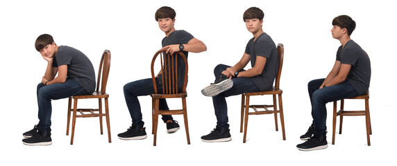 side view of group of same teenage boy sitting  on white background,