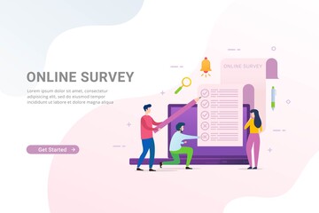 Online survey and polling with people filling online survey form on laptop vector illustration concept