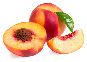 peach fruit with green leaf and slices isolated on white background. full depth of field