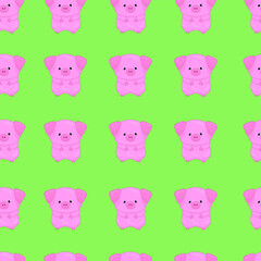 Cute cartoon pink pig on green background seamless pattern. Symmetric vector illustration for games, background, pattern, decor. Print for fabrics and other surfaces.