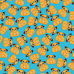 Cute cartoon pugs dog on blue background seamless pattern. Vector illustration with outlines for games, background, pattern, decor. Print for fabrics and other surfaces.