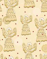 Victorian Christmas angels in repeat seamless pattern on yellow background with doilies and dots